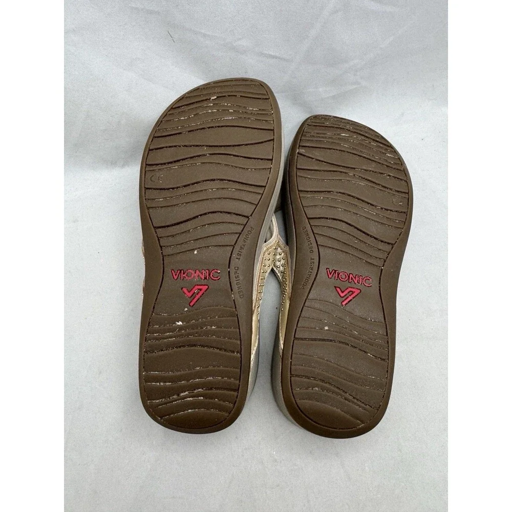 Vionic Pacific Kehoe Leather Sandals Gold Stud Thong Wedge Flip Flops Size 8 - Picture 4 of 5